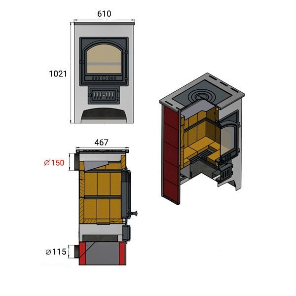Фото Печь-Камин ВЕЗУВИЙ ПК-01 (205) с плитой и т/о красн. 12 кВт (200 м3) Ø 150 мм в магазине Woodson
