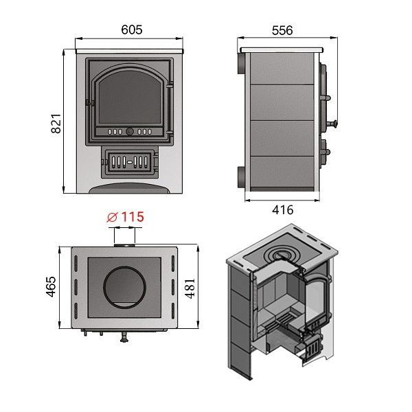 Фото Печь-Камин ВЕЗУВИЙ ПК-01 (205) с плитой и т/о красн. 12 кВт (200 м3) Ø 150 мм в магазине Woodson