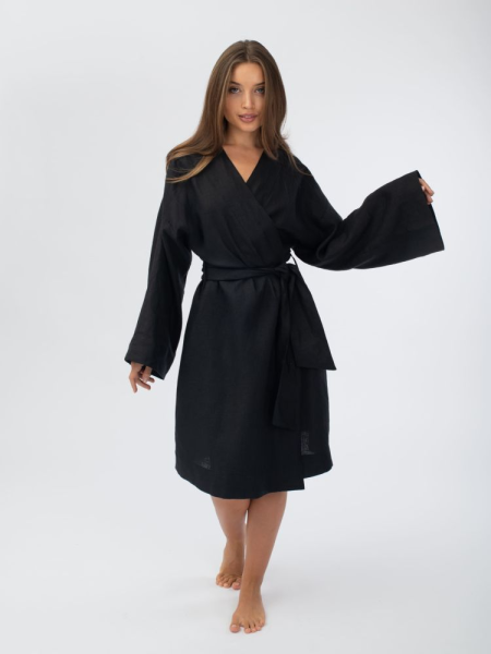 Халат кимоно женский Woodson, чёрный лён (40-52)